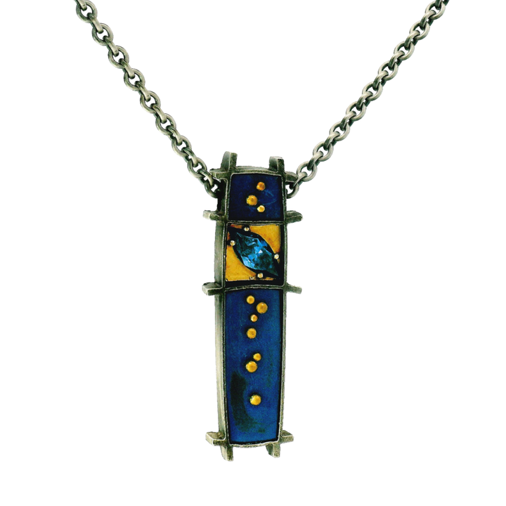 Diamond, Sterling Silver, & Gold Enamel Neckalce - "3 Box"