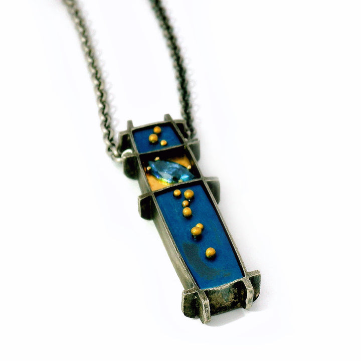 Diamond, Sterling Silver, & Gold Enamel Neckalce - "3 Box"