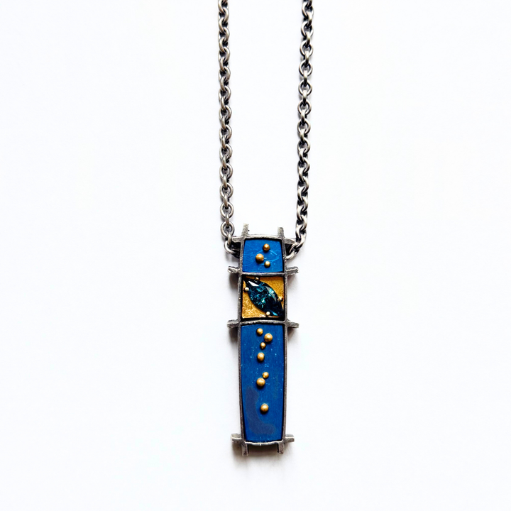 Diamond, Sterling Silver, & Gold Enamel Neckalce - "3 Box"