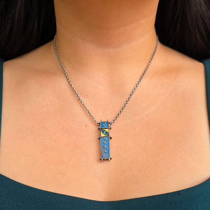 Diamond, Sterling Silver, & Gold Enamel Neckalce - "3 Box"