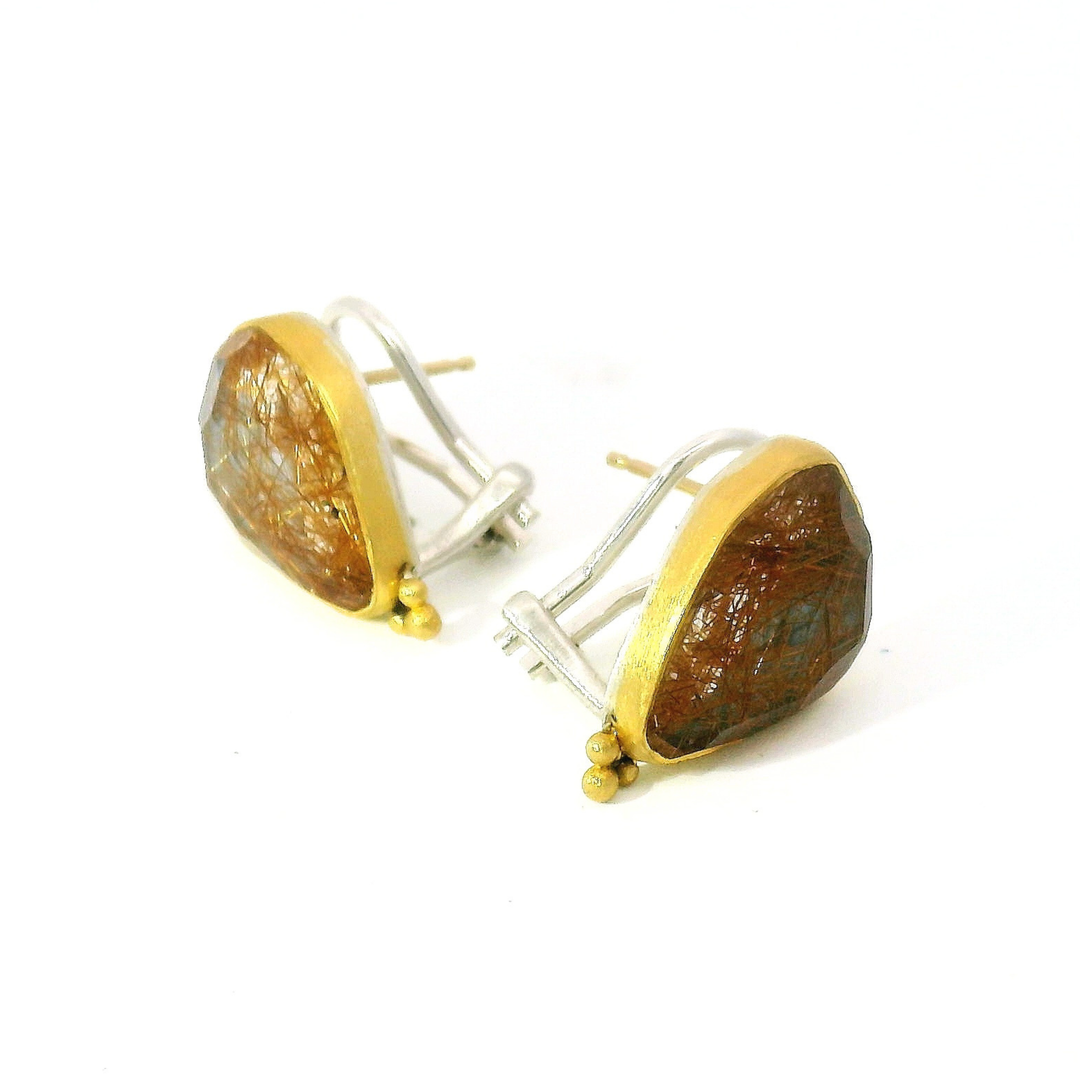 Rutilated Quartz, Sterling Silver & Gold Earrings - "Stormglass"