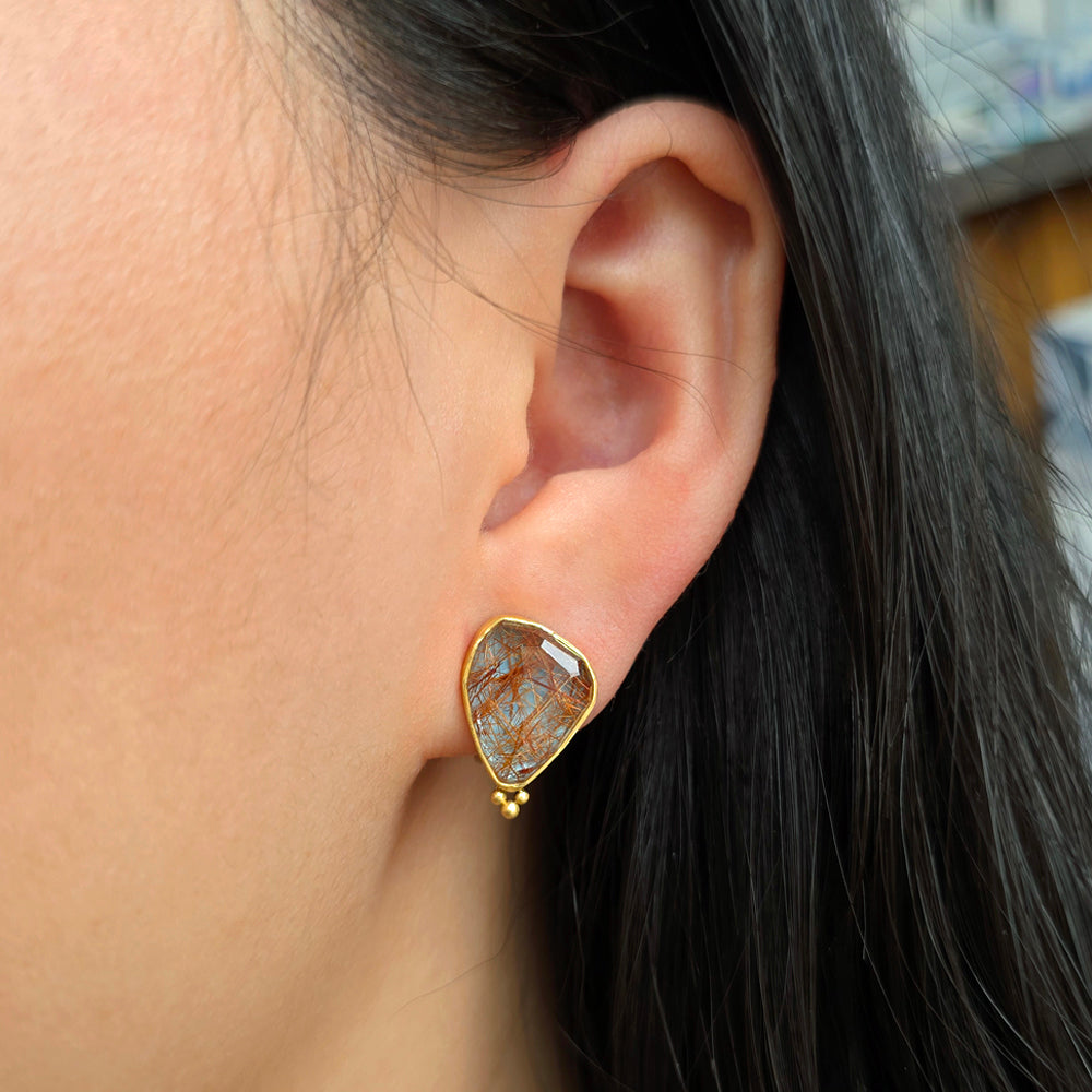 Rutilated Quartz, Sterling Silver & Gold Earrings - "Stormglass"