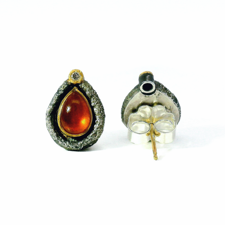 Spessartite Garnet & Diamond Stud Earrings - "Saffron Embers"