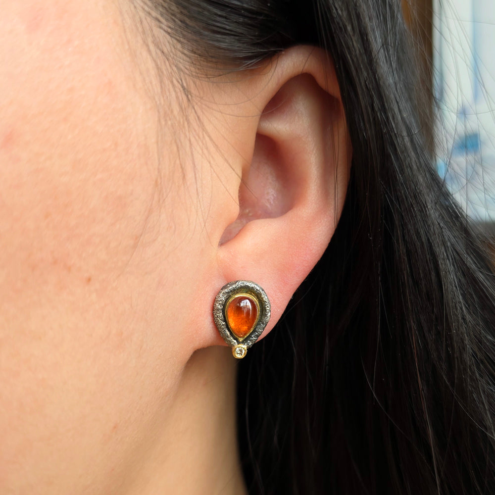 Spessartite Garnet & Diamond Stud Earrings - "Saffron Embers"