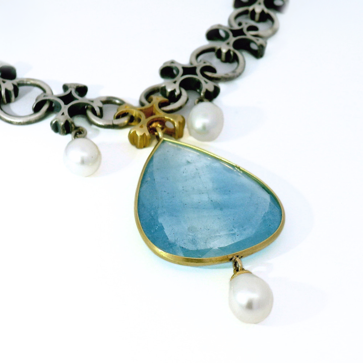 Aquamarine & Akoya Pearl Necklace - "Aquitaine"