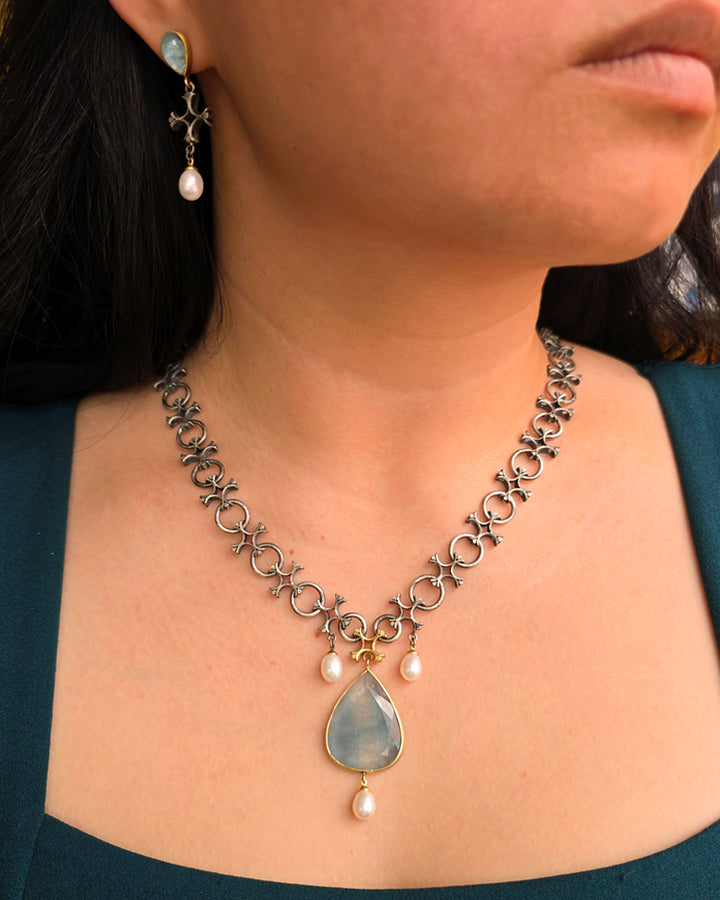 Aquamarine & Akoya Pearl Necklace - "Aquitaine"