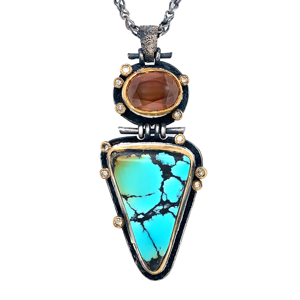 Turquoise, Cassiterite, & Diamond Necklace - "Western Sky"