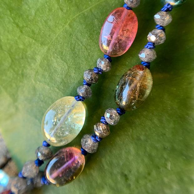 Tourmaline and Grey Diamond Beaded Necklace - "Mountain Blooms"