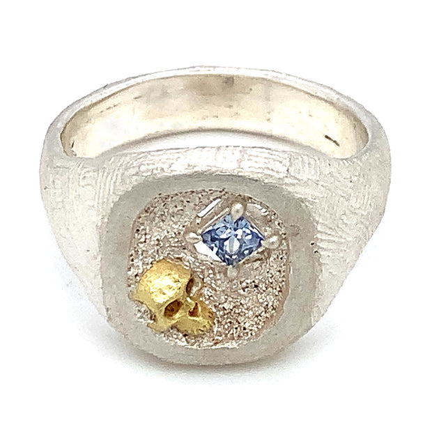 Sterling Silver & Gold Skull Sapphire Ring - "Allegory"