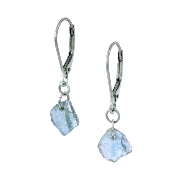 Rough Montana Sapphire & White Gold Lever Back Earrings - "Icy Fog"