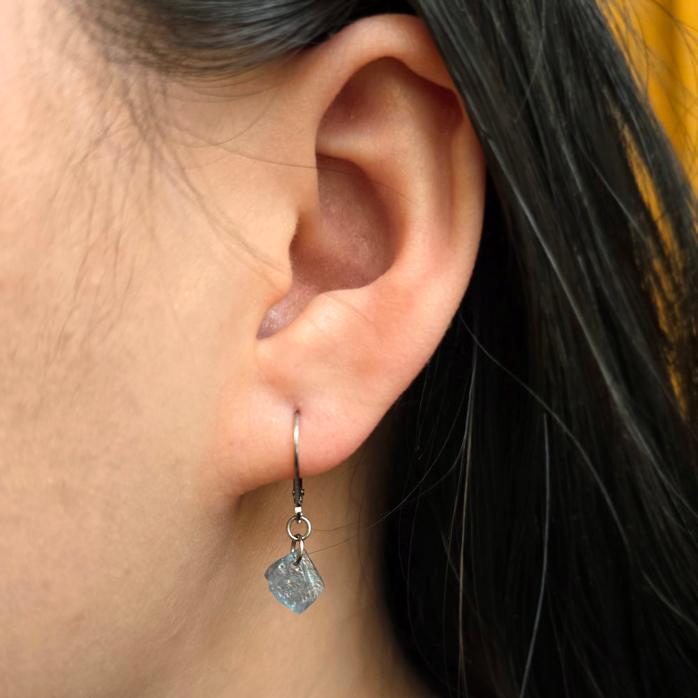 Rough Montana Sapphire & White Gold Lever Back Earrings - "Icy Fog"