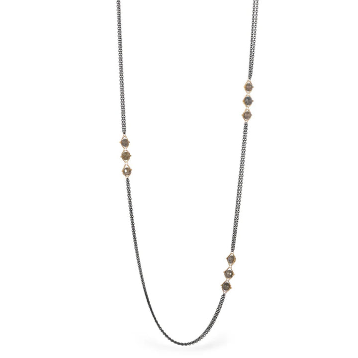 Labradorite Rondelle, Silver & Gold Station Necklace - "Claramay"