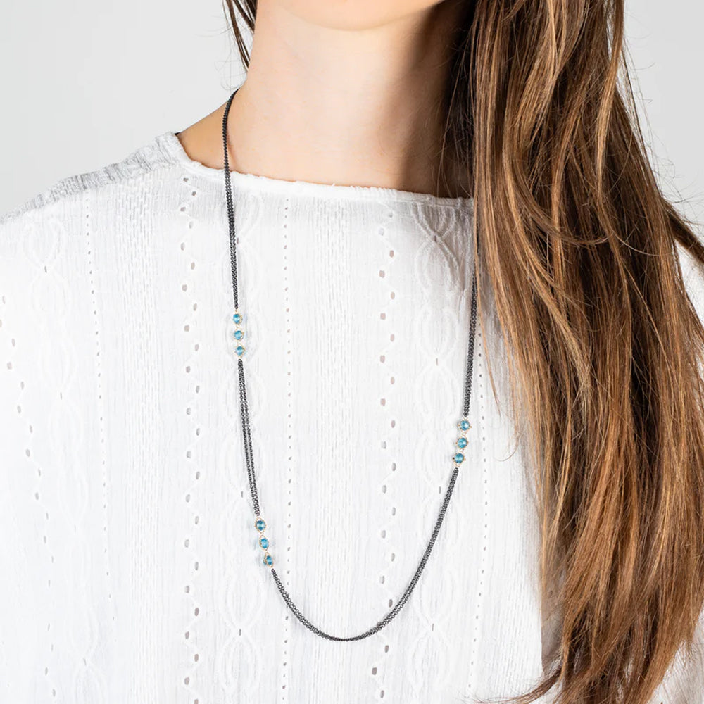 London Blue Topaz Rondelle Necklace - "Triple Textile"