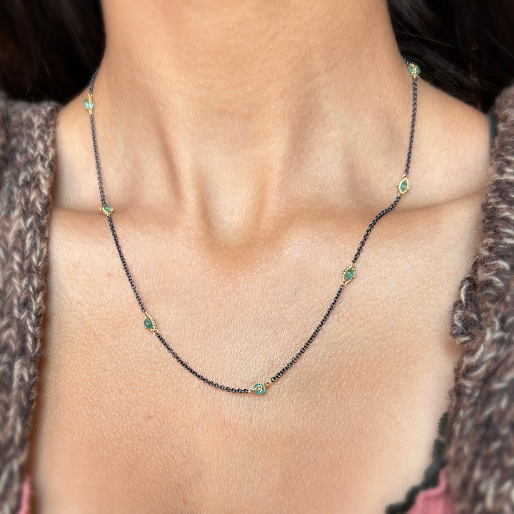 Oxidized Silver & Gold Textile Station Necklace - "Islands of Emerald"