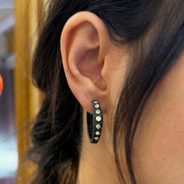 Oxidized Chrome and Diamond Hoops - "Pebble Bold"