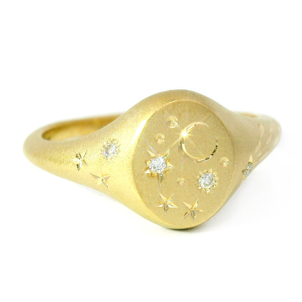 Diamond & Yellow Gold Celestial Ring - "Mini Signet Oval"