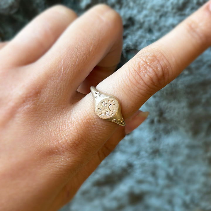 Diamond & Yellow Gold Celestial Ring - "Mini Signet Oval"