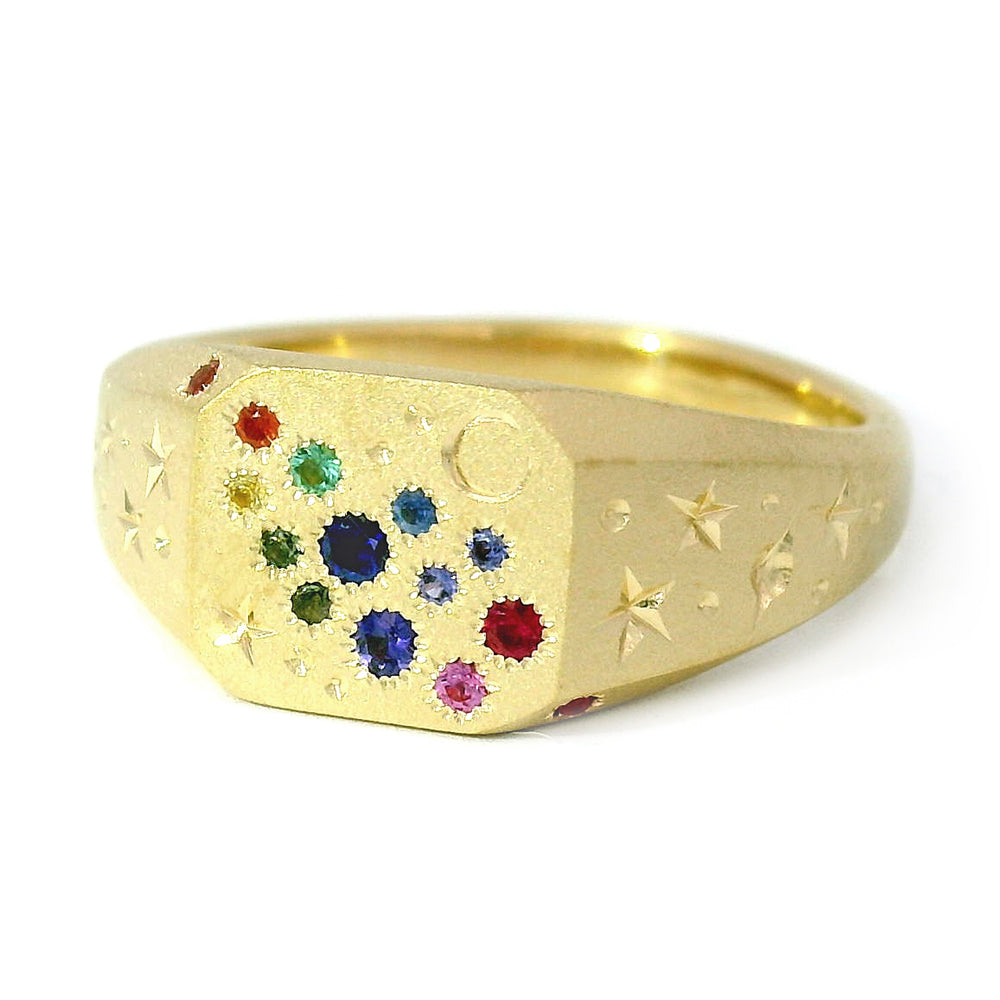 Rainbow Sapphire & Yellow Gold Signet Ring - "Rainbow Cut-Corner"