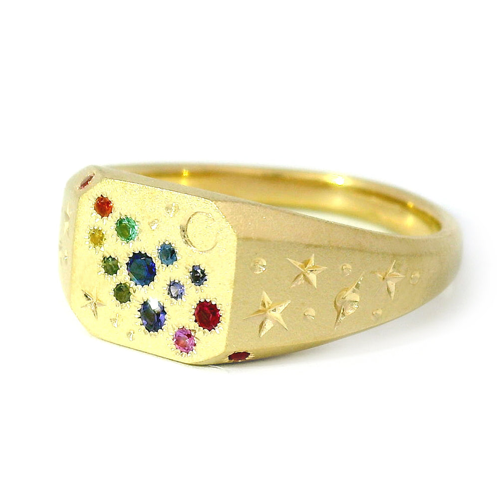 Rainbow Sapphire & Yellow Gold Signet Ring - "Rainbow Cut-Corner"