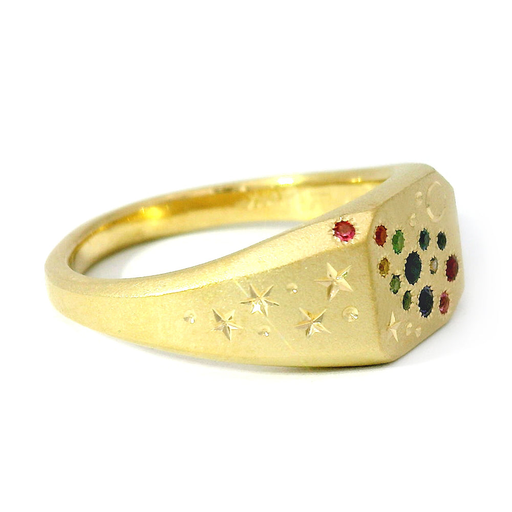 Rainbow Sapphire & Yellow Gold Signet Ring - "Rainbow Cut-Corner"