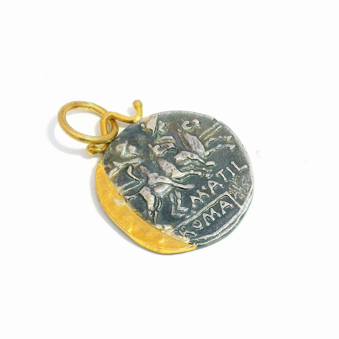 Diamond, Yellow Gold & Silver Coin Pendant - "Roman Soldier"
