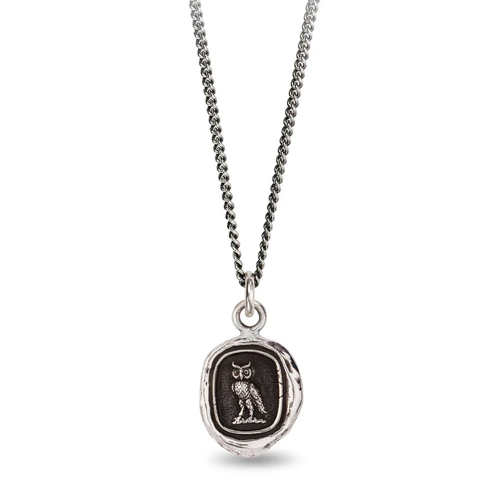 Watch Over Me great horned owl talisman necklace by Pyrrha in sterling silver