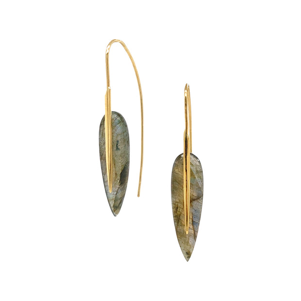 Labradorite & Yellow Gold Drop Earrings - "Medium Feather"