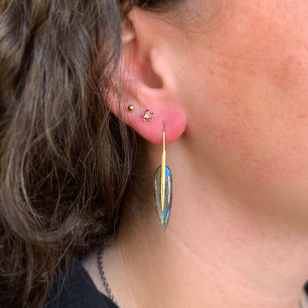 Labradorite & Yellow Gold Drop Earrings - "Medium Feather"