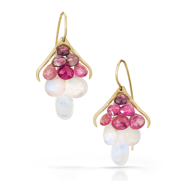 Yellow Gold & Pink Gemstone Earrings - "Plumage"