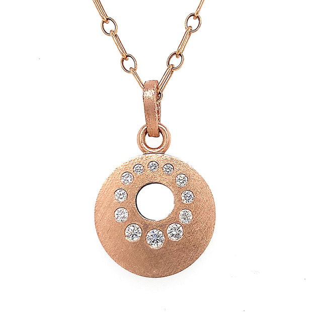 Rene Escobar 18K Rose Gold Diamond Circle Pendant with 18K Yellow Gold Retired Tiffany Chain Close Up