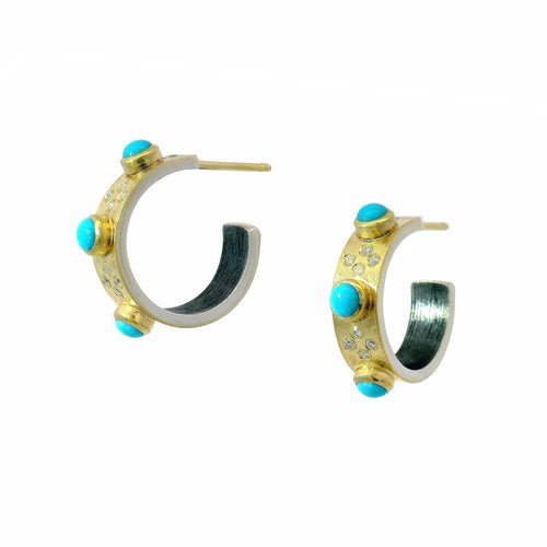 Oxidized Silver & Gold Semi Hoops with Turquoise - "Daphne"