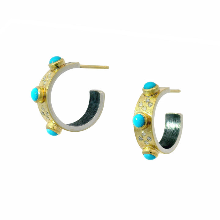 Oxidized Silver & Gold Semi Hoops with Turquoise - "Daphne"