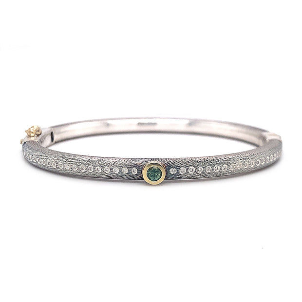 Rene Escobar Oxidized Montana Sapphire, Diamond, and Sterling Silver and 18K Yellow Gold "Gypsy" Bracelet Front