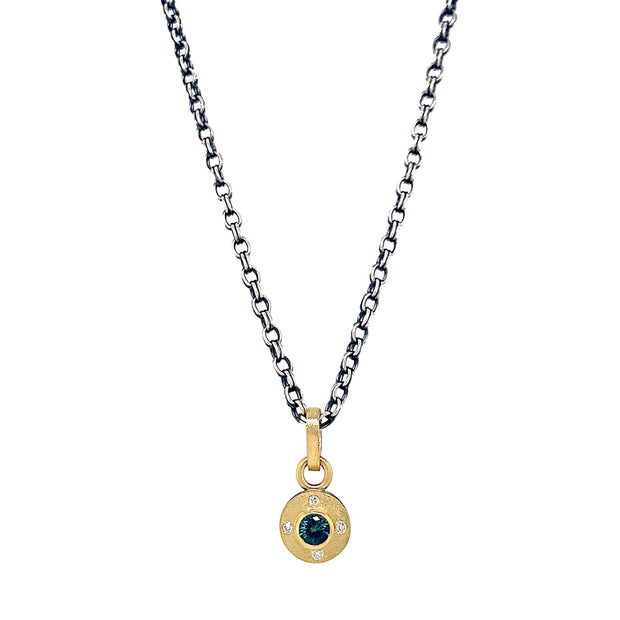 Rene Escobar 18K Yellow Gold Montana Sapphire Diamond Pendant with Sterling Silver Double Link Cable Chain Front