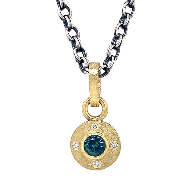Rene Escobar 18K Yellow Gold Montana Sapphire Diamond Pendant with Sterling Silver Double Link Cable Chain Close Up