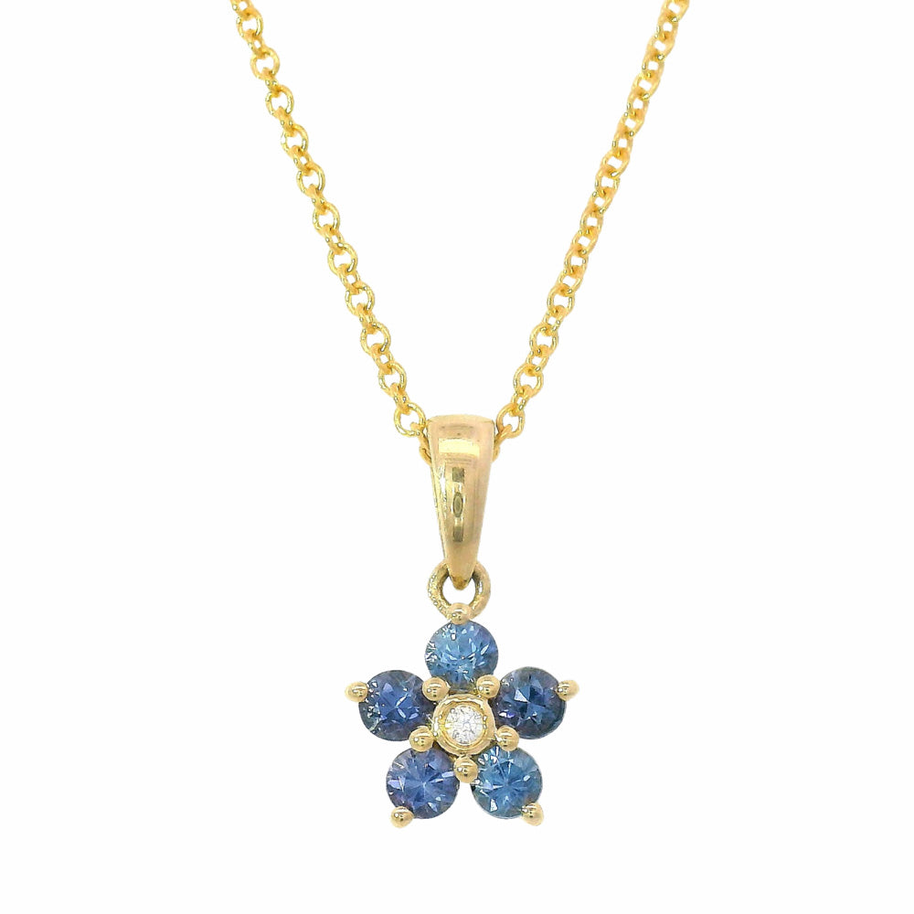 Yogo Sapphire, Diamond & Gold Pendant - "Jasmine Flower"