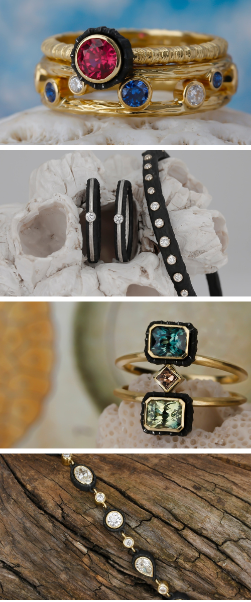 sarah graham designs including stacking rings, earrings, bangles, colored stones