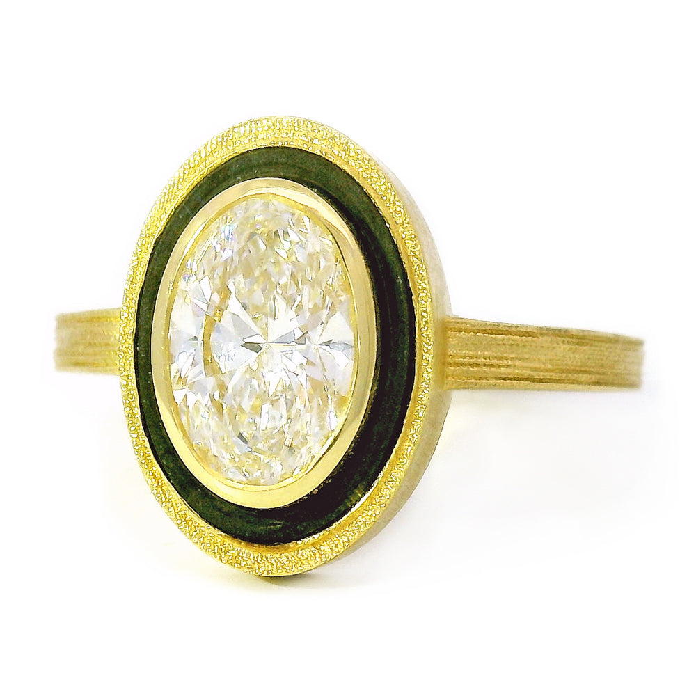 Art Deco solitaire ring with oxidized cobalt chrome accent by Sarah Graham