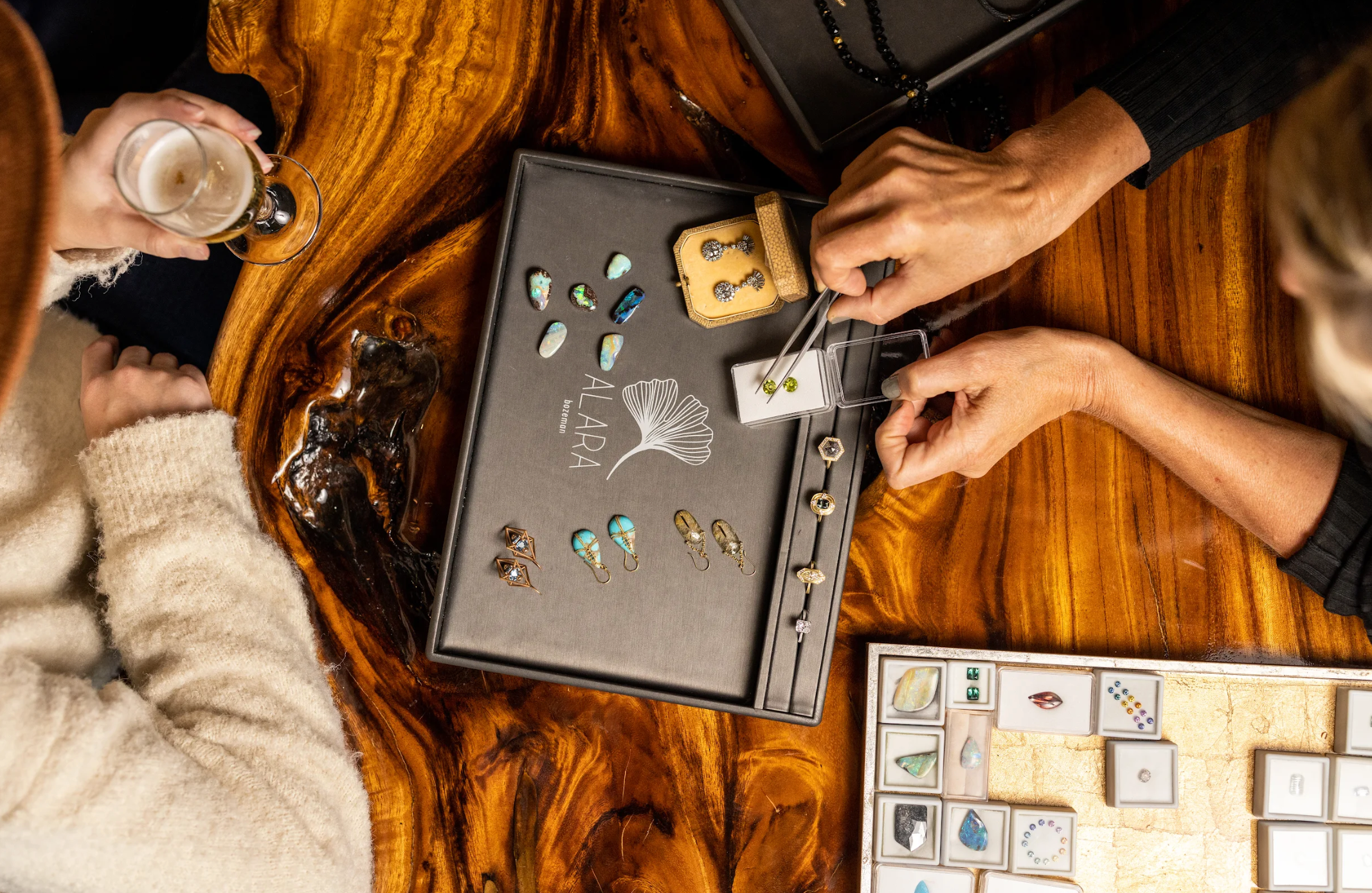 Image of private appointment for custom jewelry design in downtown Bozeman Montana at the Alara Atelier 