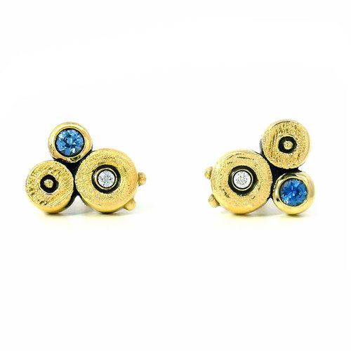 Yogo Sapphire & Diamond Yellow Gold Stud Earrings - "Ocean"