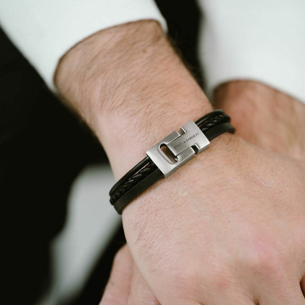 "Casual Cole" Black Three-Strand Leather Bracelet by Steel & Barnett