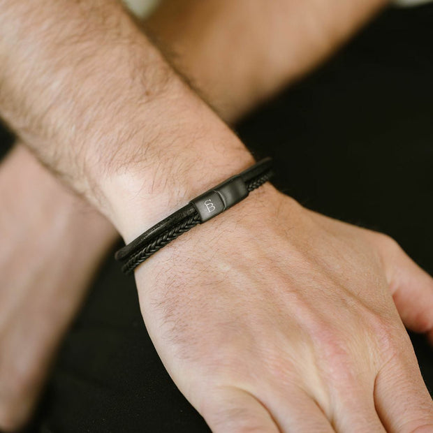 "Denby" Black Two-Strand Leather Bracelet with Black Clasp by Steel & Barnett