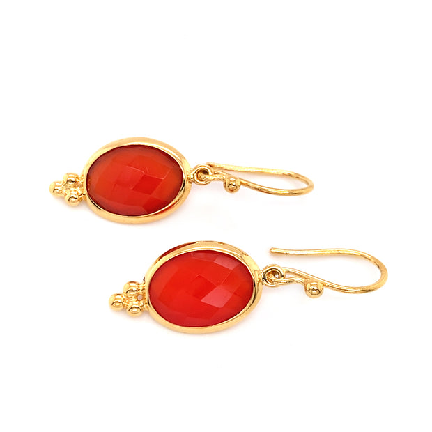 Gold Vermeil Oval Red Onyx Drop Earrings - "Blood Orange"