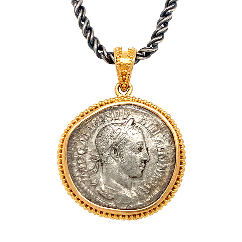 Yellow Gold & Ancient Denarius Coin Pendant - "Severus"