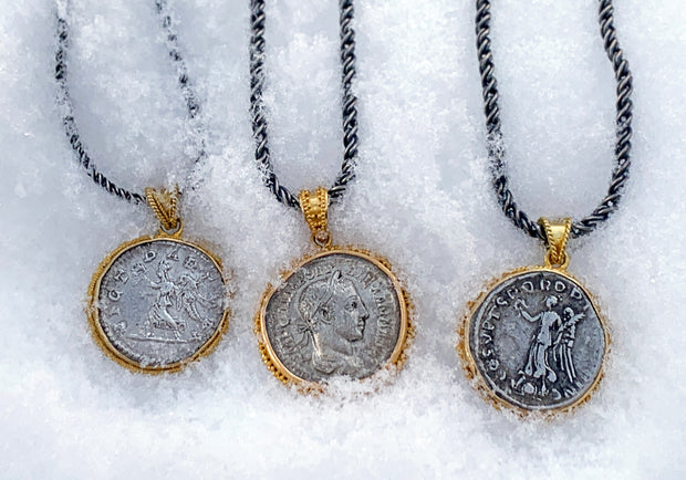 Yellow Gold & Ancient Denarius Coin Pendant - "Trajan"