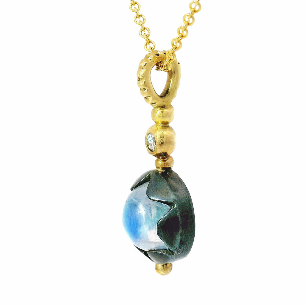 Yellow Gold & Oxidized Silver Rainbow Moonstone Necklace - "Galactic Elixir"