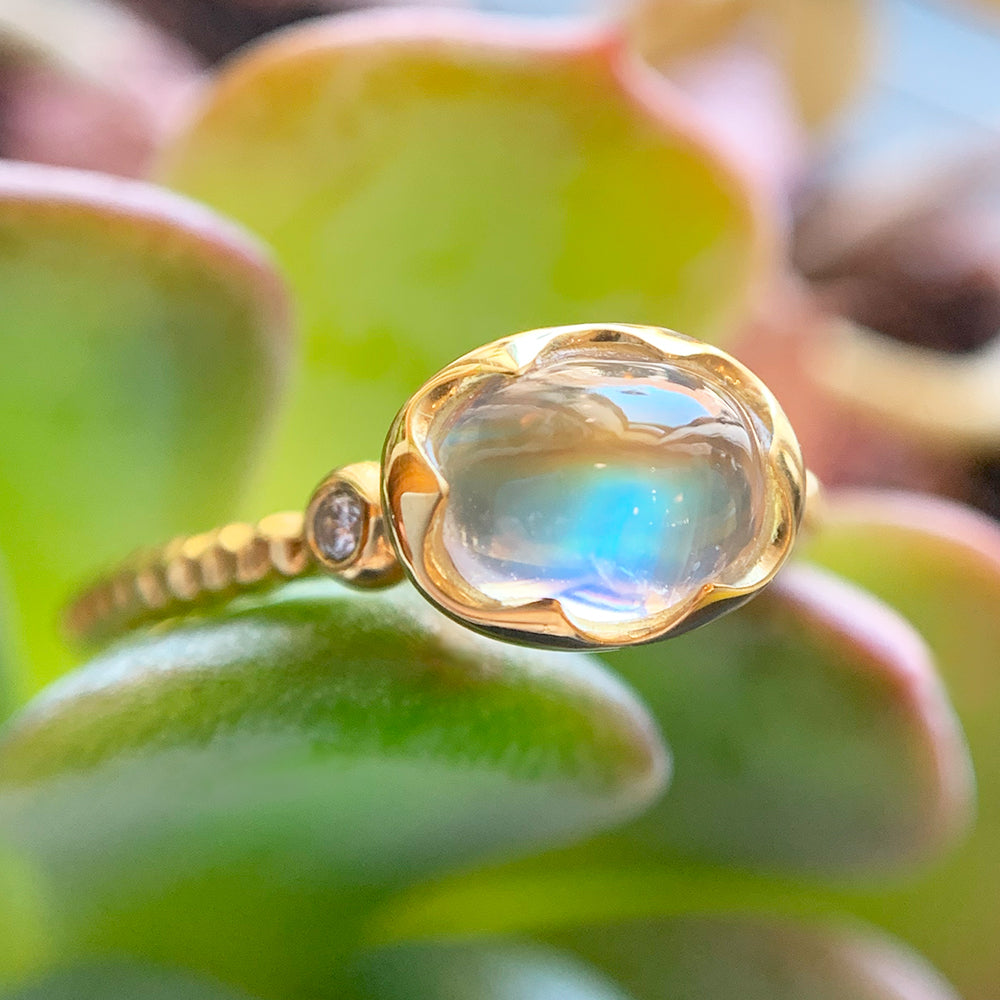 Rainbow Moonstone & Diamond Wishing Well Ring - "Prismatic Daydream"