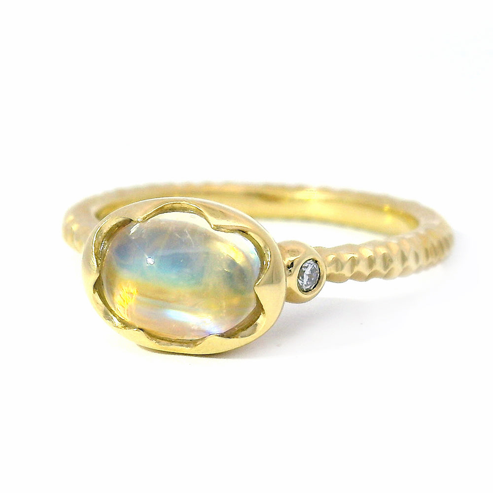 Rainbow Moonstone & Diamond Wishing Well Ring - "Prismatic Daydream"