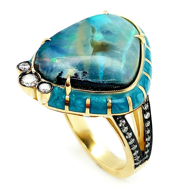 Australian Opal, Diamond & Enamel Fashion Ring - "Rock Candy Aruba"