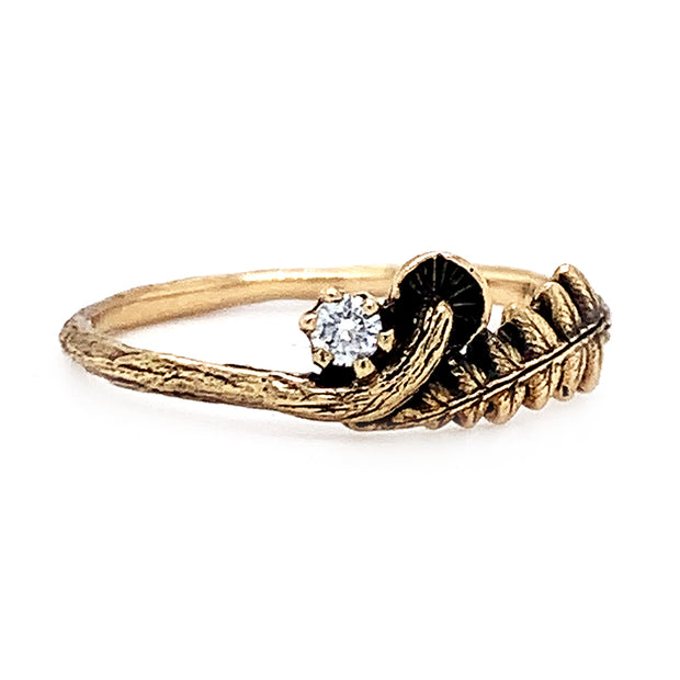 14K Yellow Gold and Diamond Ring - "Mushroom and Fern"